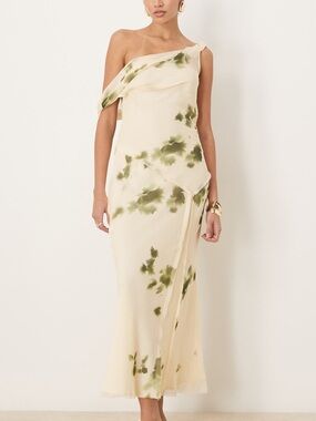 NWT ASOS One-Shoulder Cream Dress with Green Floral Accents (size 6)